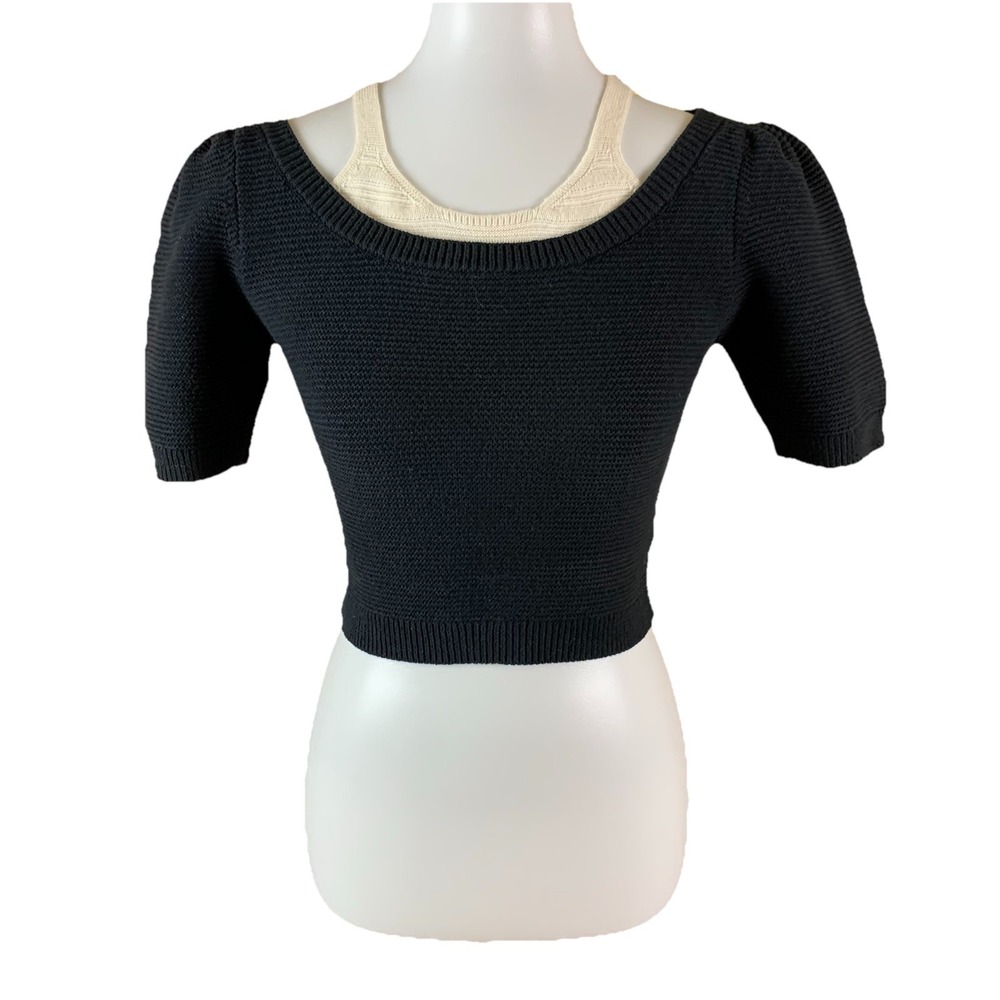 Calvin Luo S Black Cream Knit Short Sleeve Cropped Sweater Layered Look Chic‎